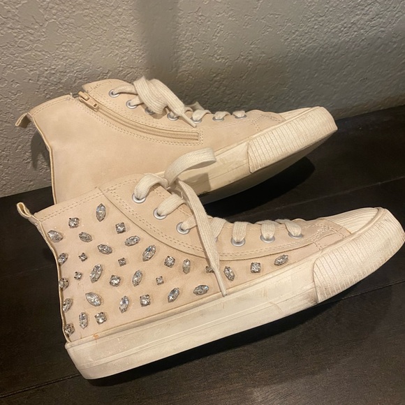 Zara Girls Hightop Lace-Up Side Zip Tennis Shoes w/Rhinestones Cream Color Cute! - Picture 9 of 14